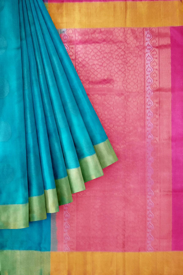 Kanchi soft silk  saree in teal blue with big motifs and geometric pattern in pallu.