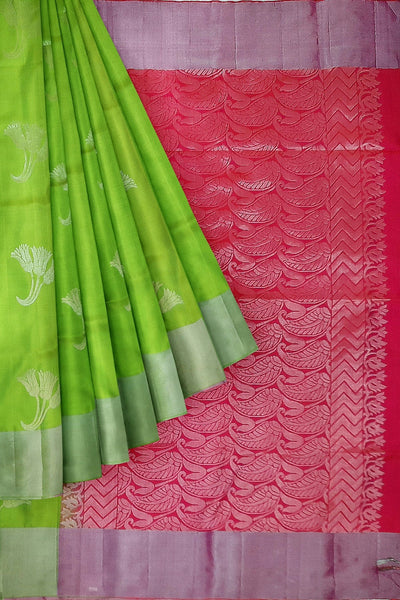 Kanchi soft silk saree in green &  pink with floral motifs in the body and leaf pattern in pallu