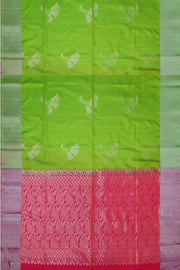 Kanchi soft silk saree in green &  pink with floral motifs in the body and leaf pattern in pallu