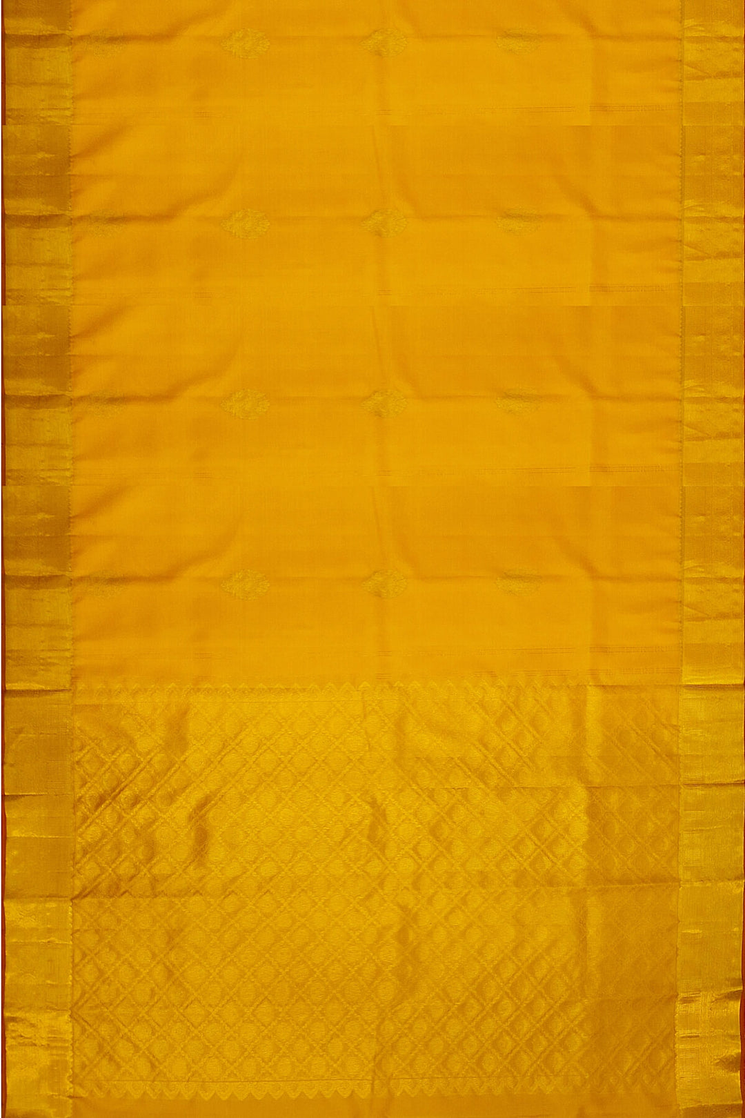 Kanchi pure silk saree in yellow with floral motifs on the body,