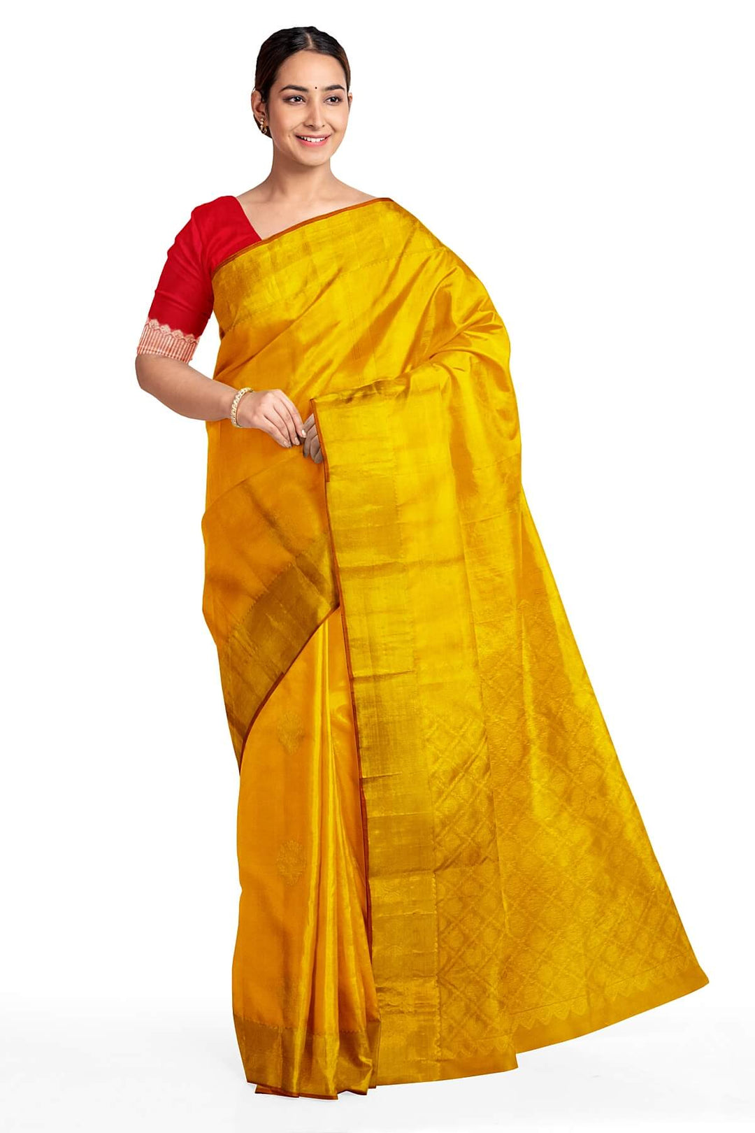 Kanchi pure silk saree in yellow with floral motifs on the body,