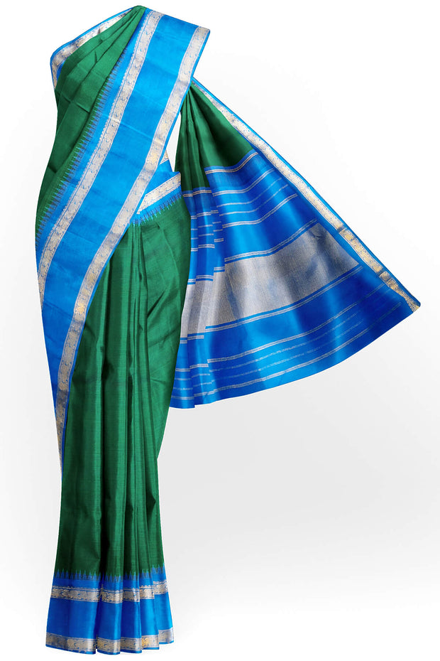 Kanchi pure silk saree in peacock green with  double border and a contrast pallu