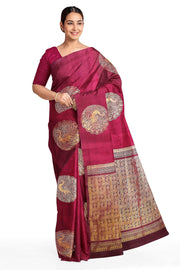Kanchi soft silk saree in maroon with peacock motifs in gold