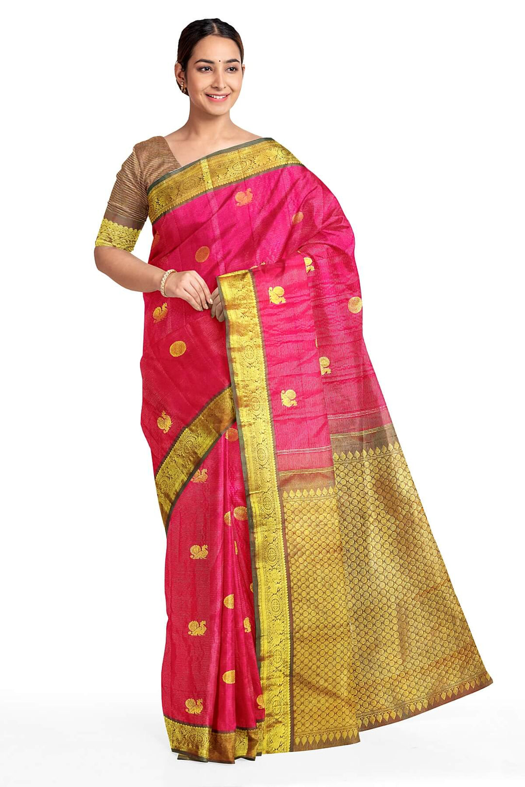 Kanchi pure silk saree in pink with zari stripes