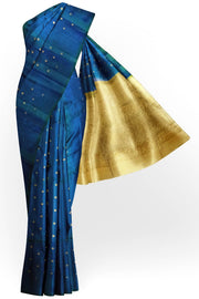 Kanchi soft silk saree in peacock blue with small motifs on the body and floral vines in pallu