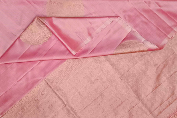 Kanchi soft silk saree in pink with peacock motifs in gold