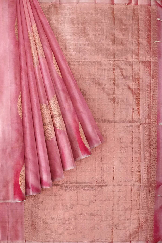 Kanchi soft silk saree in pink with peacock motifs in gold