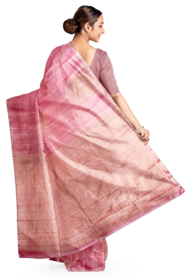 Kanchi soft silk saree in pink with peacock motifs in gold