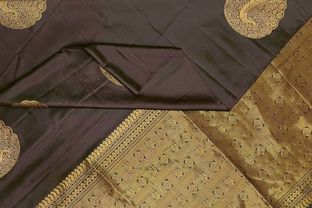 Kanchi soft silk saree in cofee brown with peacock motifs in gold