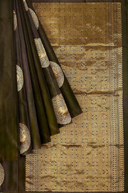 Kanchi soft silk saree in cofee brown with peacock motifs in gold