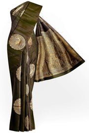 Kanchi soft silk saree in cofee brown with peacock motifs in gold