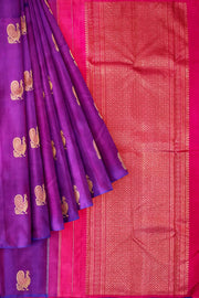 Kanchi borderless pure silk saree in  purple  with peacock motifs