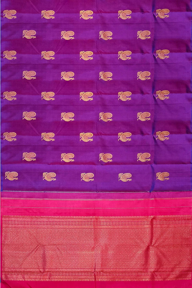 Kanchi borderless pure silk saree in  purple  with peacock motifs