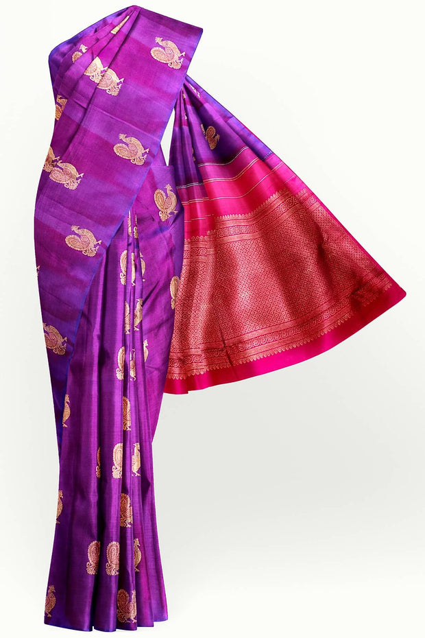 Kanchi borderless pure silk saree in  purple  with peacock motifs