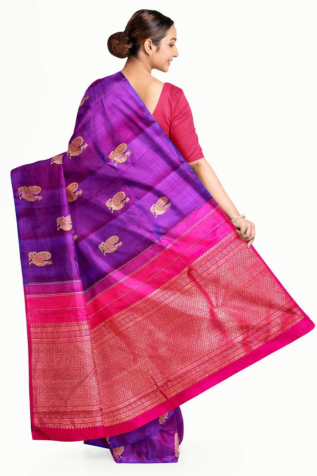 Kanchi borderless pure silk saree in  purple  with peacock motifs