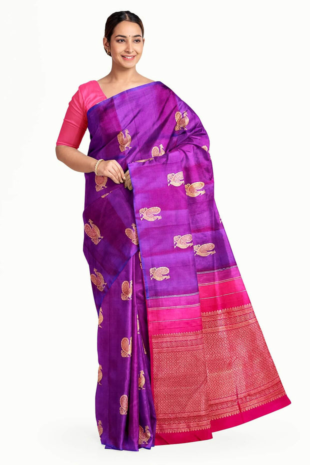 Kanchi borderless pure silk saree in  purple  with peacock motifs