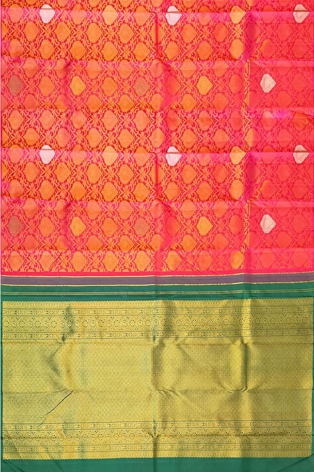 Kanchi  pure silk  brocade saree in pink  with floral vines and  motifs in gold & silver