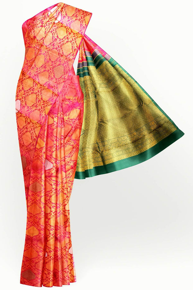 Kanchi  pure silk  brocade saree in pink  with floral vines and  motifs in gold & silver