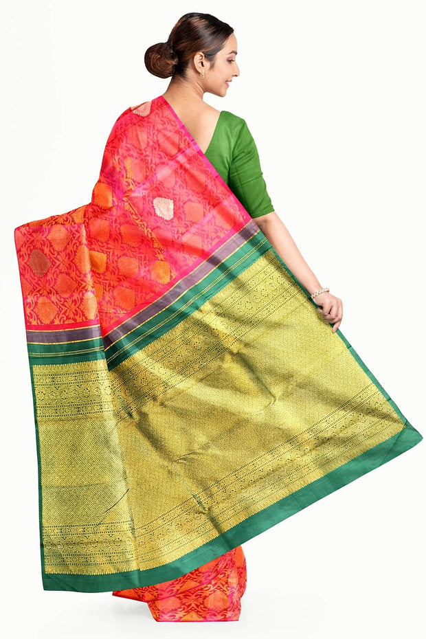 Kanchi  pure silk  brocade saree in pink  with floral vines and  motifs in gold & silver