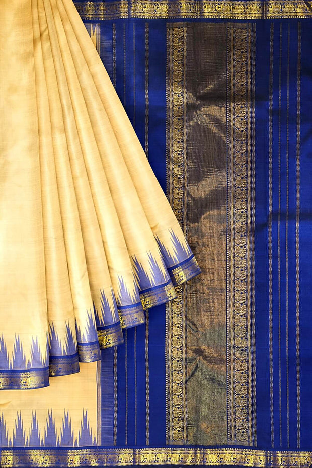 Kanchi pure silk saree in off white with a temple border