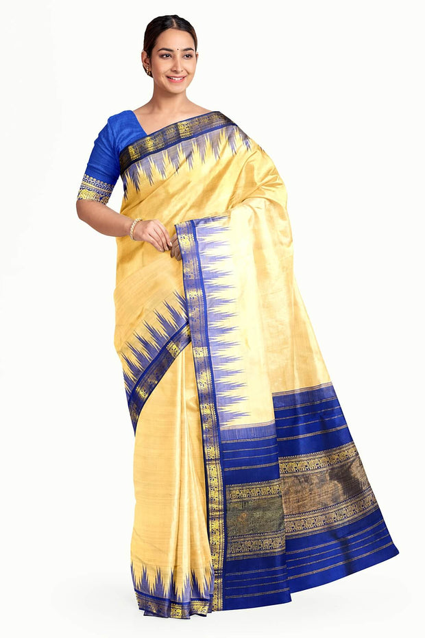 Kanchi pure silk saree in off white with a temple border
