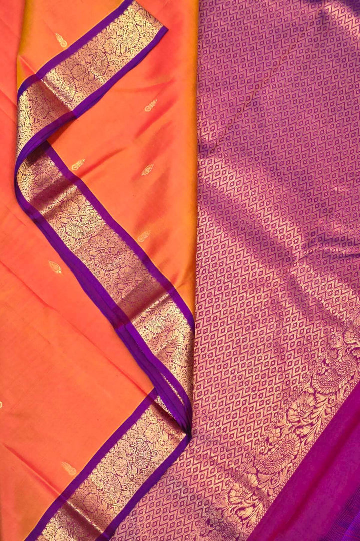 Kanchi pure silk saree in two tone mustard orange