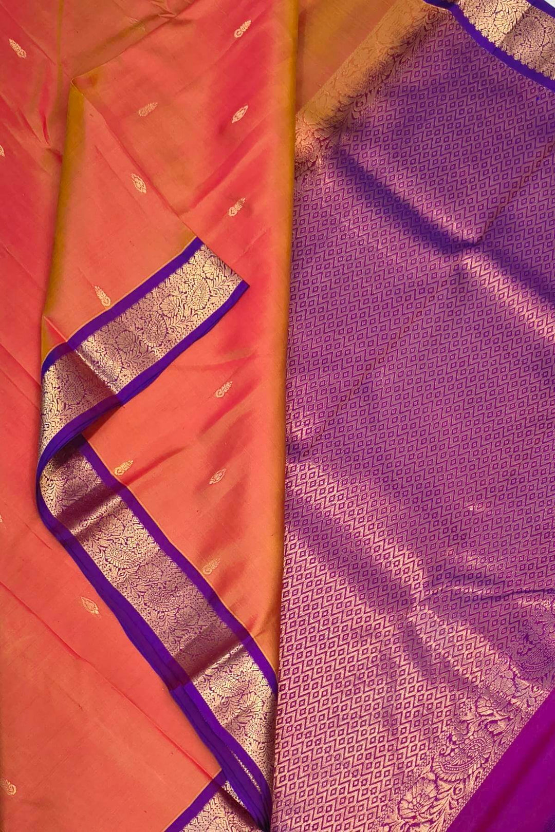Kanchi pure silk saree in two tone mustard orange