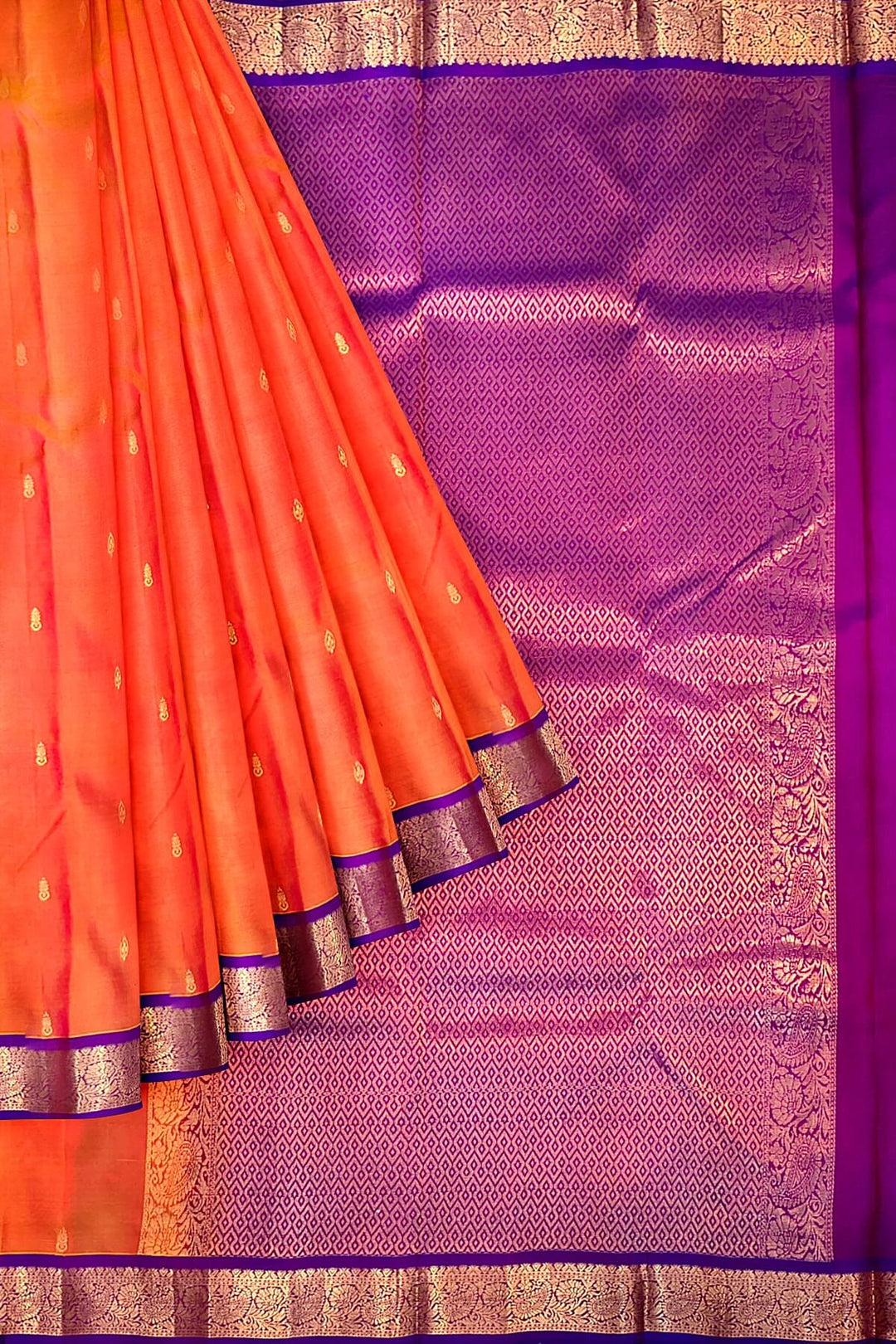 Kanchi pure silk saree in two tone mustard orange