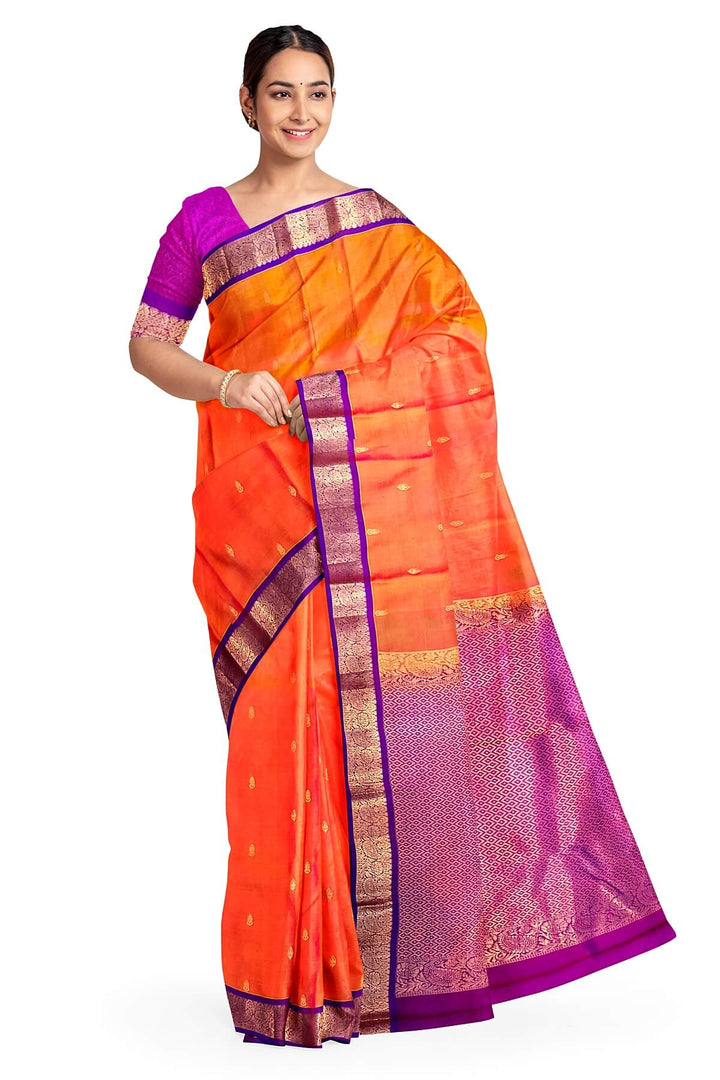Kanchi pure silk saree in two tone mustard orange