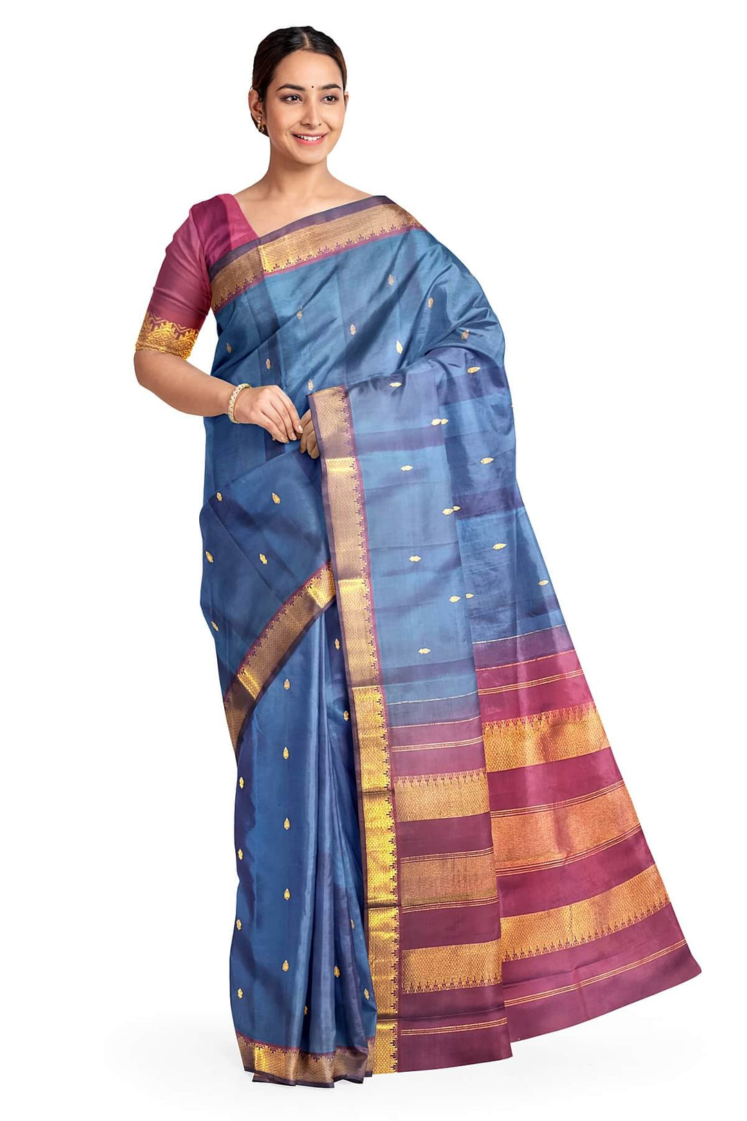 Kanchi pure silk saree in peacock blue with small motifs