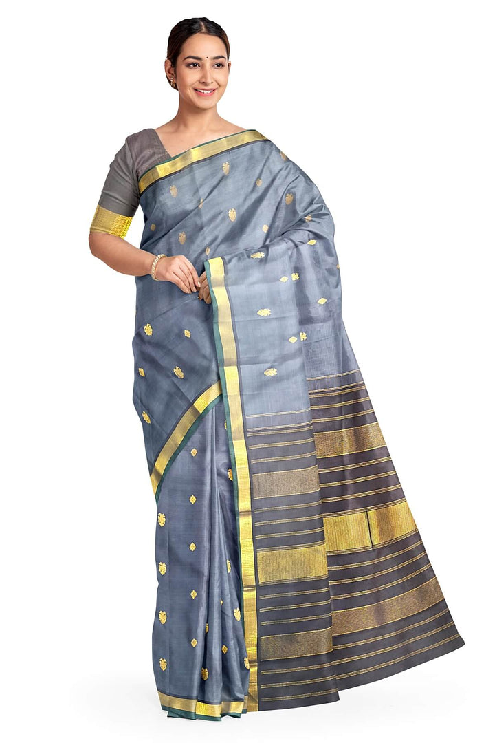 Kanchi pure silk saree in grey with small motifs