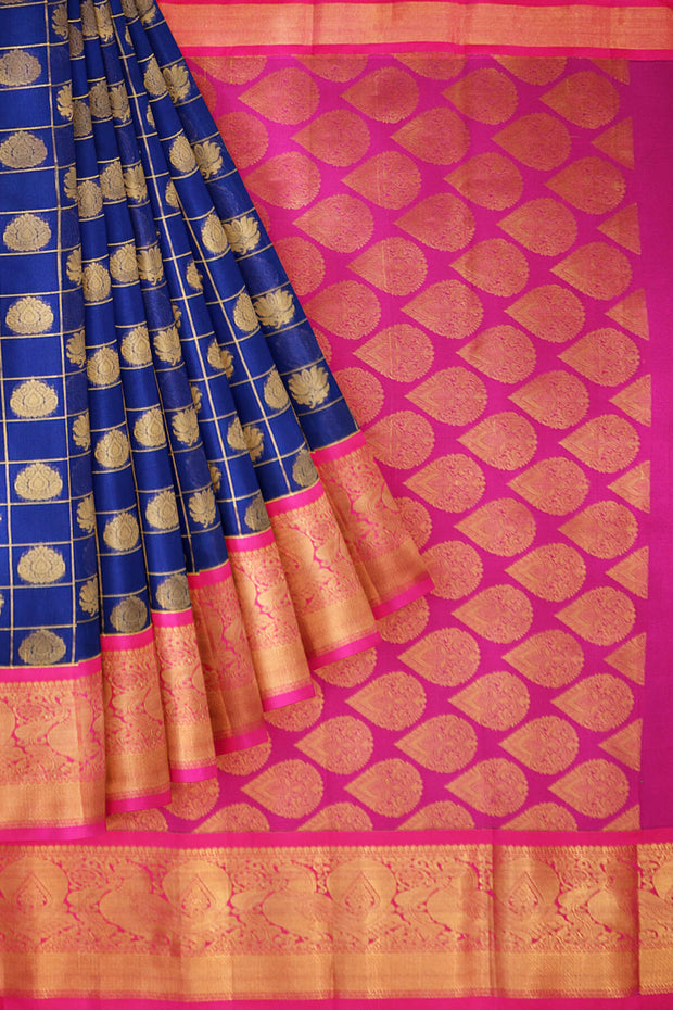 Kanchi pure silk organza saree in blue & pink with floral motifs