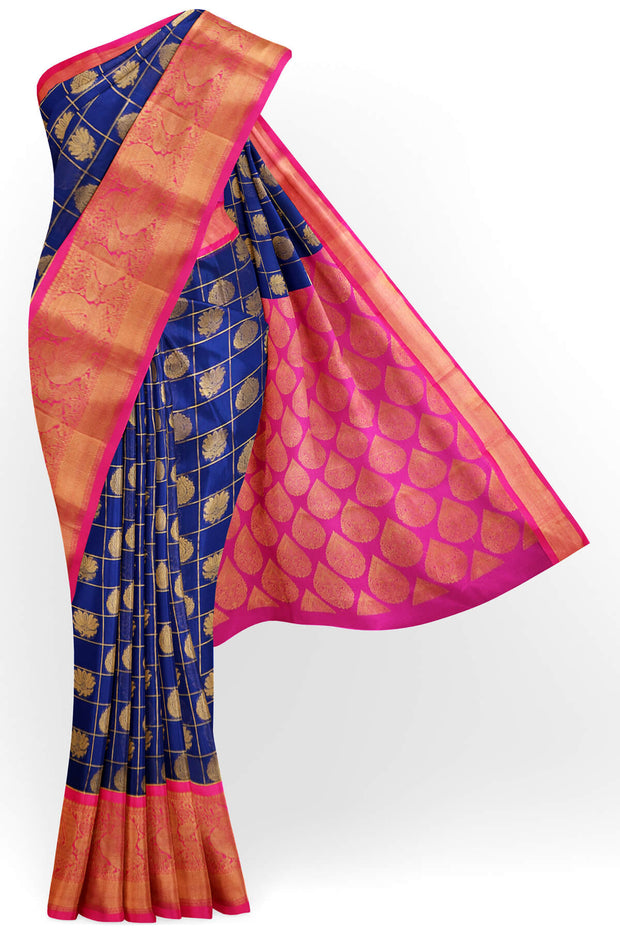 Kanchi pure silk organza saree in blue & pink with floral motifs