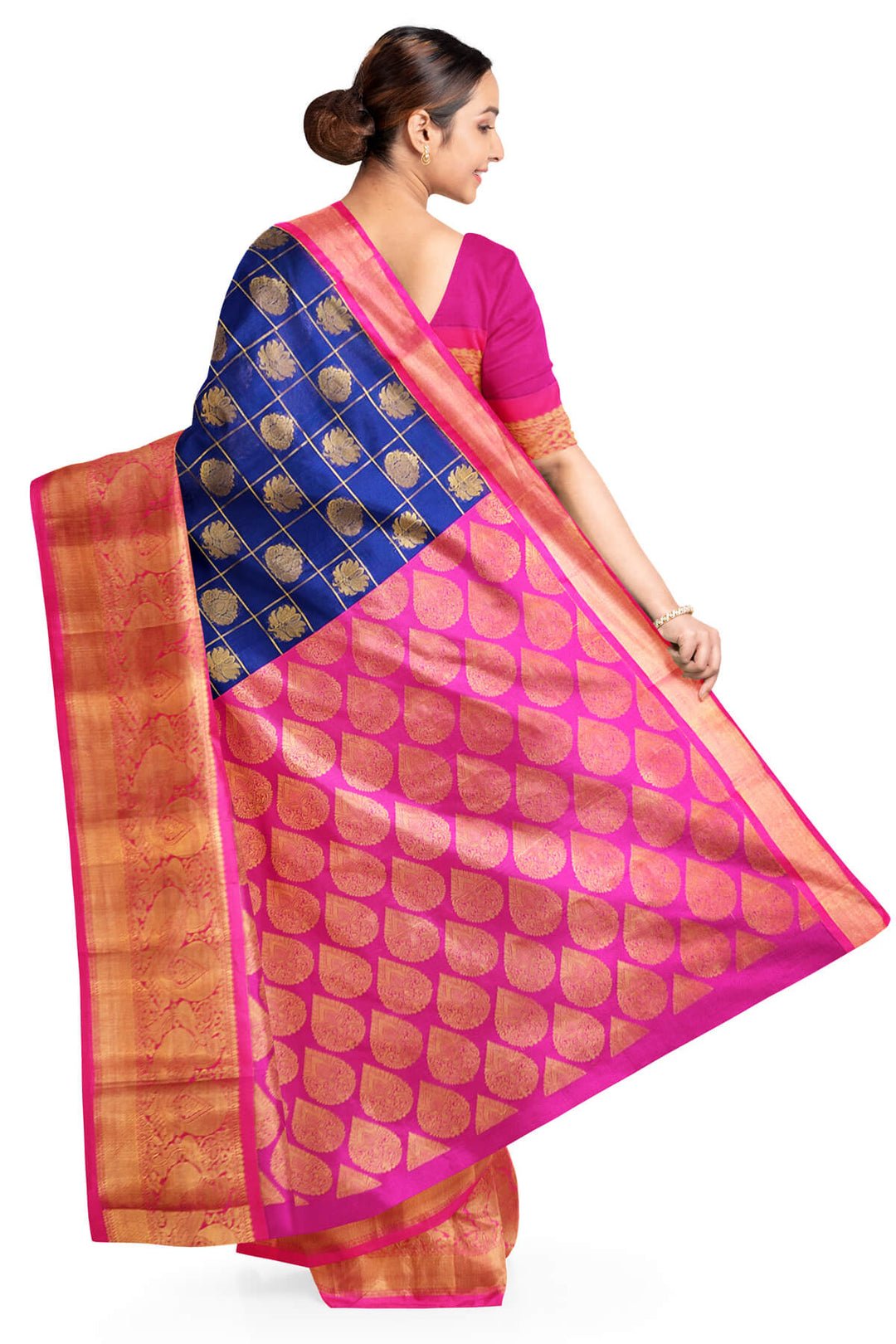 Kanchi pure silk organza saree in blue & pink with floral motifs