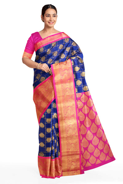 Kanchi pure silk organza saree in blue & pink with floral motifs