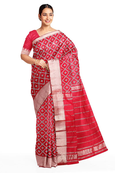 Handloom Mangalgiri silk cotton saree in red in printed rangoli pattern