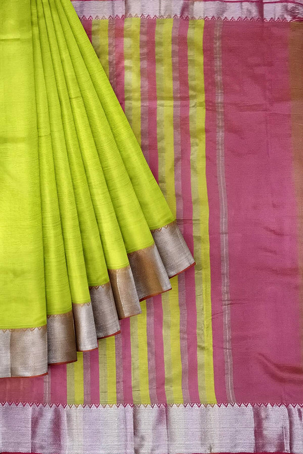 Mangalgiri silk cotton saree in  radium green & pink