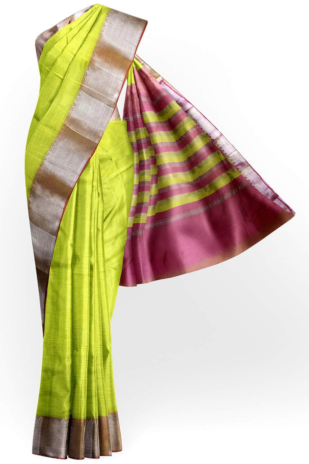 Mangalgiri silk cotton saree in  radium green & pink