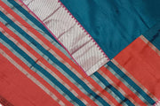 Mangalgiri silk cotton saree in peacock  blue & red