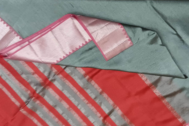 Mangalgiri silk cotton saree in grey & red