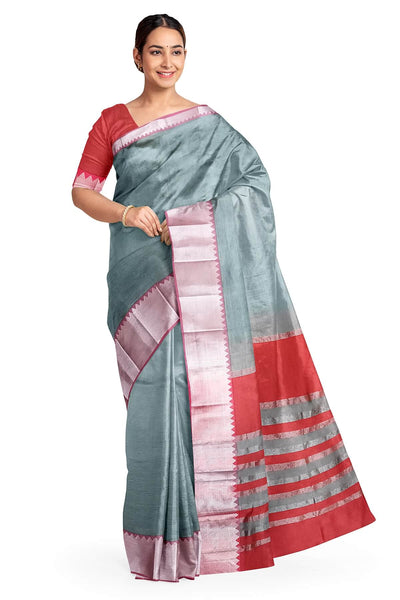 Mangalgiri silk cotton saree in grey & red