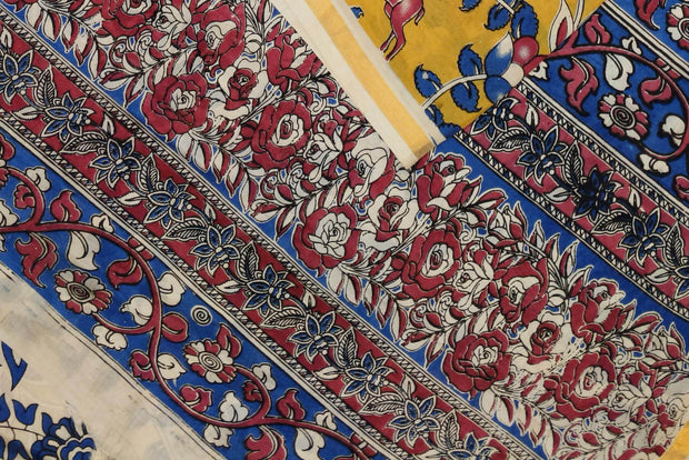 Mangalgiri silk cotton saree in mustard  in kalamkari print