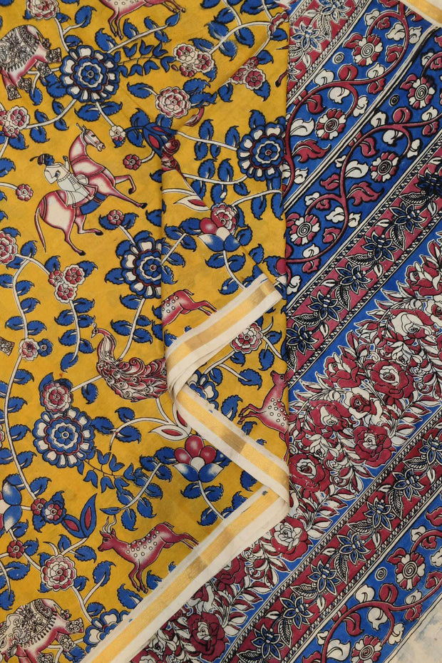Mangalgiri silk cotton saree in mustard  in kalamkari print