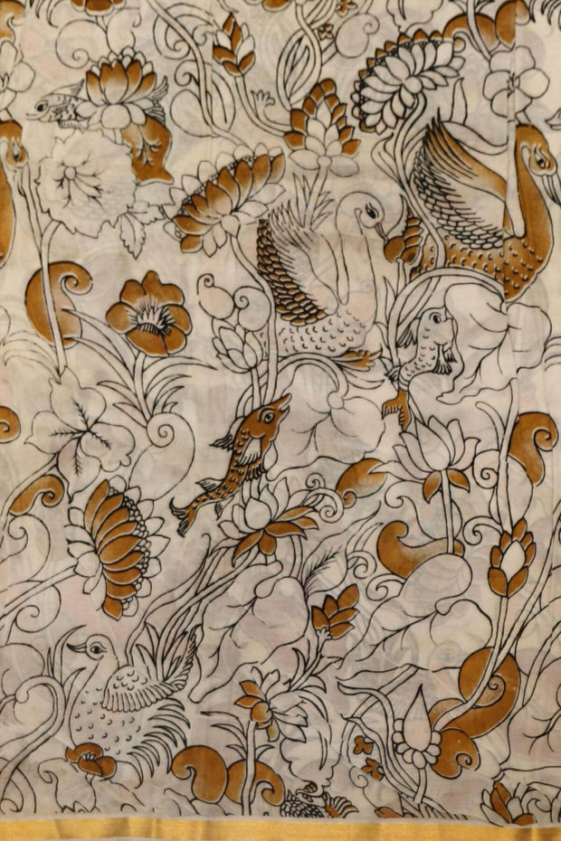 Mangalgiri silk cotton saree in off white  in kalamkari print