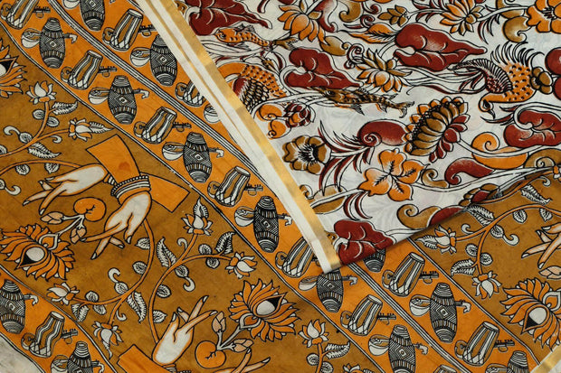Mangalgiri silk cotton saree in off white  in kalamkari print