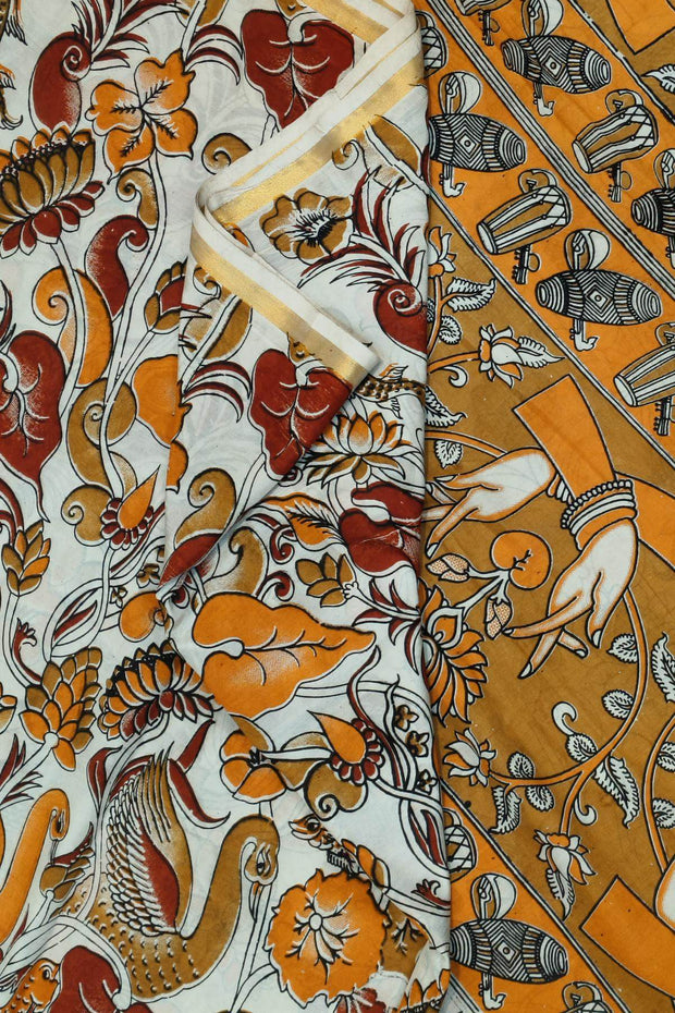 Mangalgiri silk cotton saree in off white  in kalamkari print
