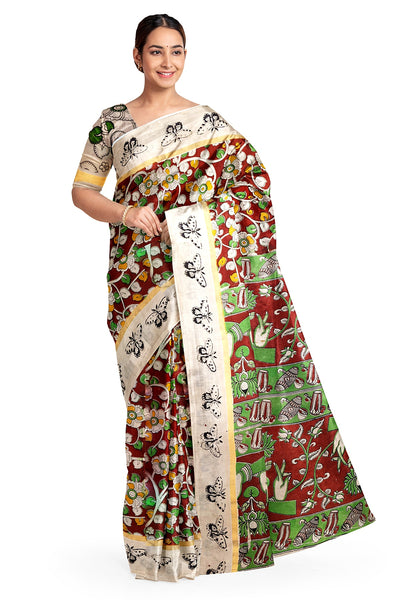 Mangalgiri silk cotton saree in  maroon  in kalamkari print