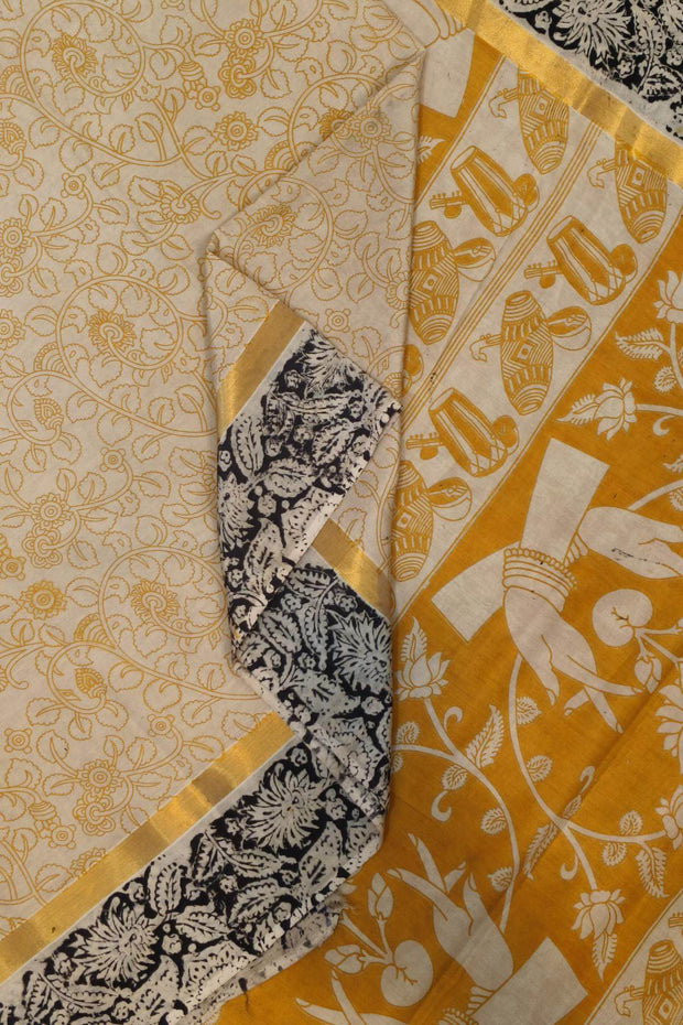 Mangalgiri silk cotton saree in  beige  in kalamkari print