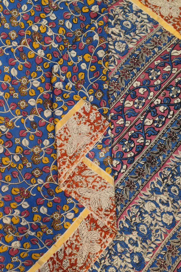 Mangalgiri silk cotton saree in  blue  in kalamkari print