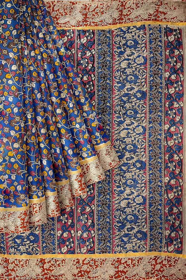Mangalgiri silk cotton saree in  blue  in kalamkari print